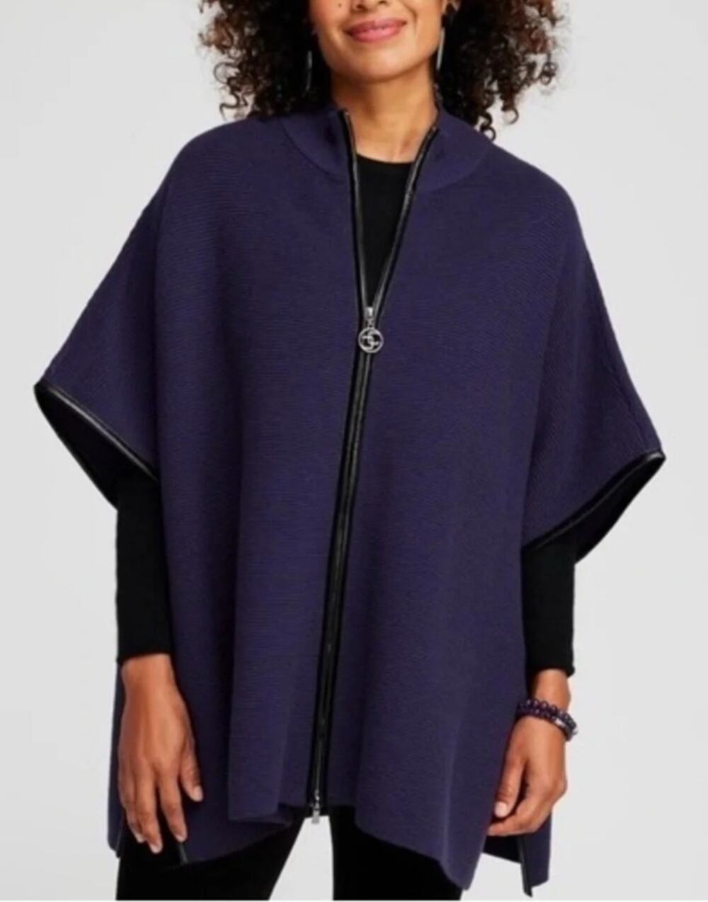 Chico's Womens Ribbed Knit Ruana Poncho Sweater Zip Front L/XL Cozy Layer Fall